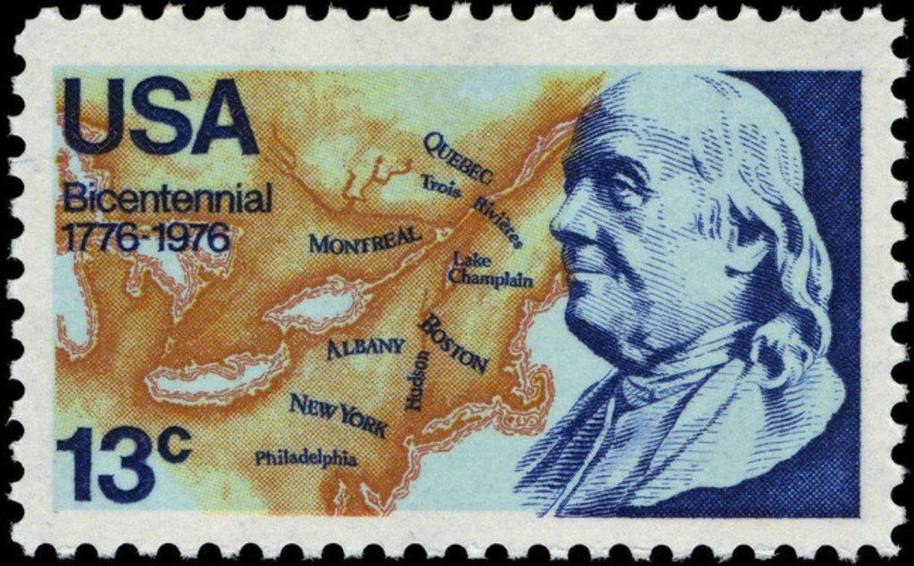 Francobolli-Franklin e la mappa del Nord America, 1976-Stati Uniti d'America-13 ¢ Francobolli-Franklin e la mappa del Nord America, 1976-Stati Uniti d'America-13 ¢