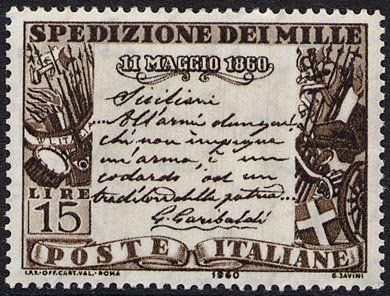 Francobollo Usato Rep. Italiana 1960 CENTENARIO SPEDIZIONE DEI MILLE 15 Lire
