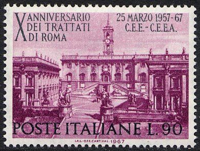 Francobollo Usato Rep. Italiana 1967 DECENNALE DEI TRATTATI DI ROMA 90 Lire