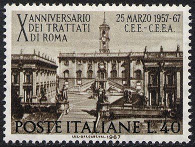 Francobollo Usato Rep. Italiana 1967 DECENNALE DEI TRATTATI DI ROMA 40 Lire