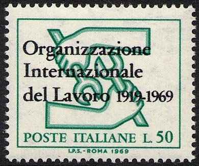 Francobollo Usato Rep. Italiana 1969 50^ ANN. ORGANIZZAZIONE INT.  LAVORO 50 L.