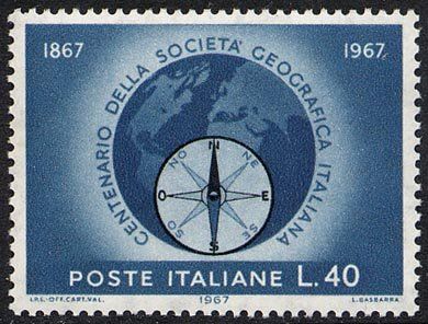 Francobollo Usato Rep. Italiana 1967 CENTENARIO SOCIETÀ GEOGRAFICA ITALIANA 40 L