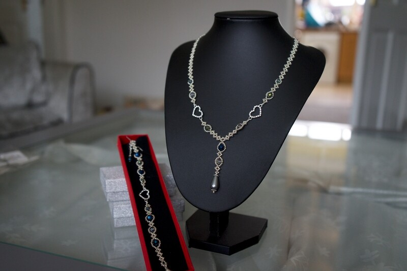 Handmade Silver &amp; Blue Bead Necklace and Bracelet with a Heart Design