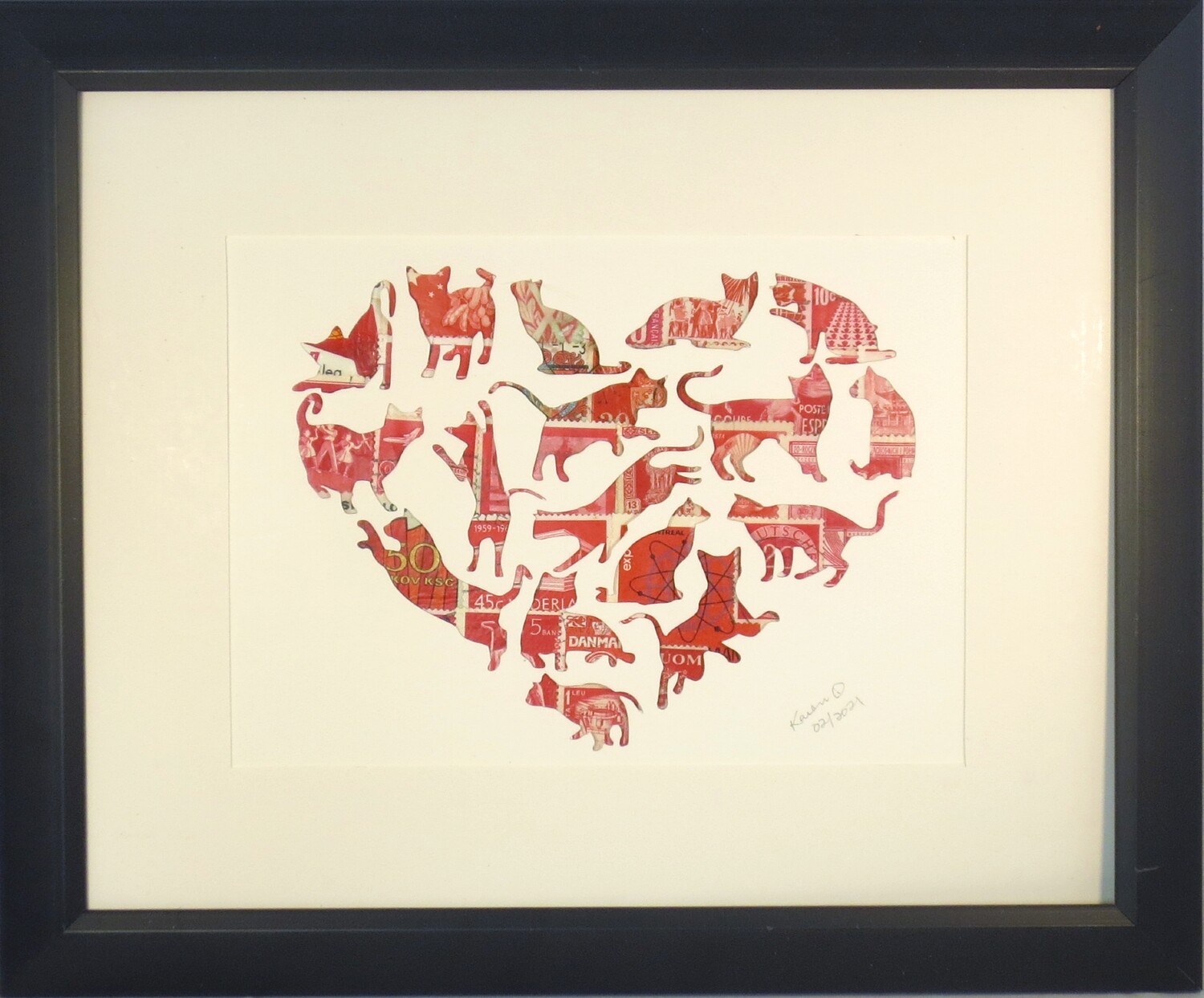 Vintage Postage Stamp Art - &quot;Cat Heart&quot;