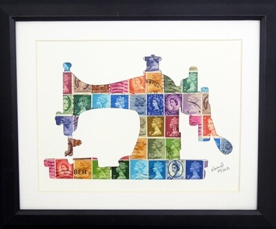 Vintage Postage Stamp Art - &quot;Sewing Machine&quot;