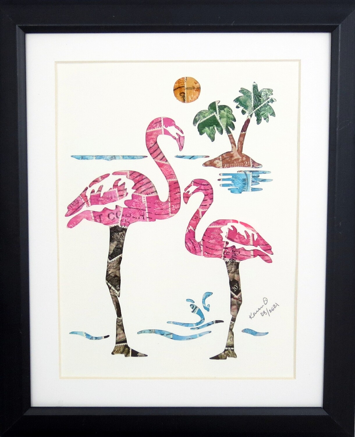 Vintage Postage Stamp Art - &quot;Flamingo&#39;s&quot;