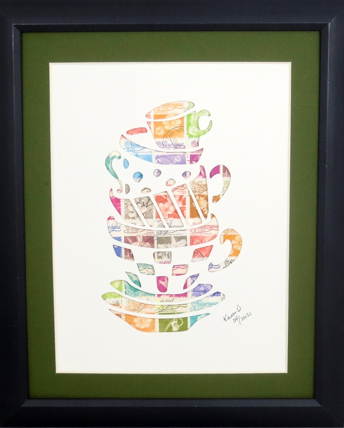 Vintage Postage Stamp Art - &quot;Tea Cups&quot;