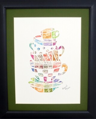 Vintage Postage Stamp Art - &quot;Tea Cups&quot;