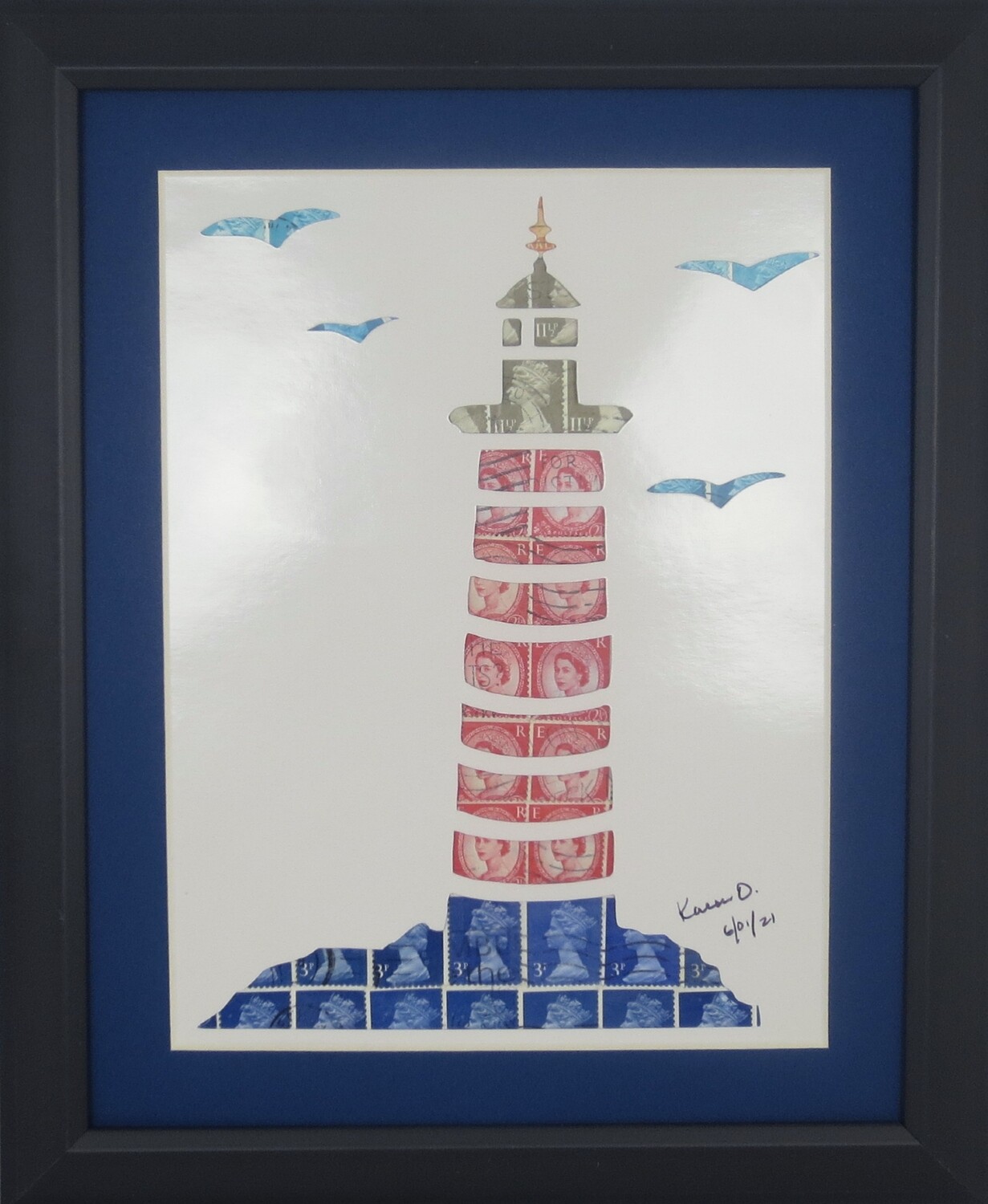 Vintage Postage Stamp Art - &quot;Lighthouse&quot;