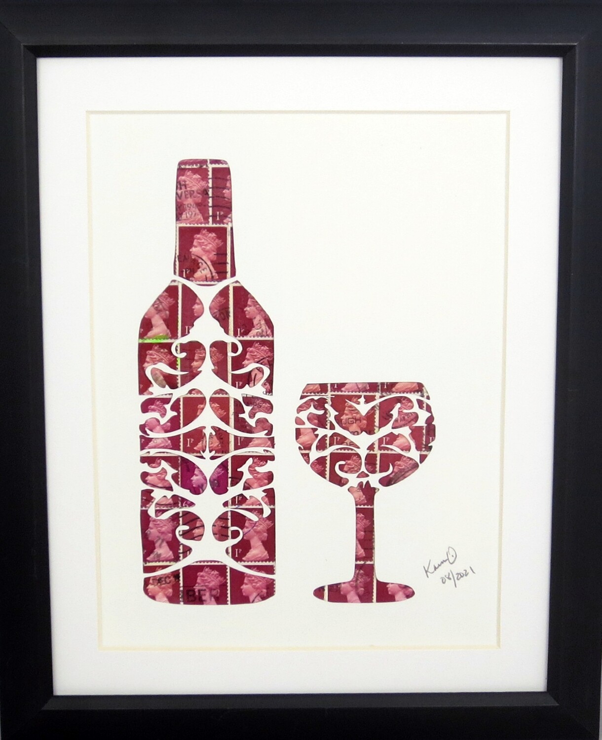 Vintage Postage Stamp Art - &quot;Wine Bottle &amp; Glass&quot;