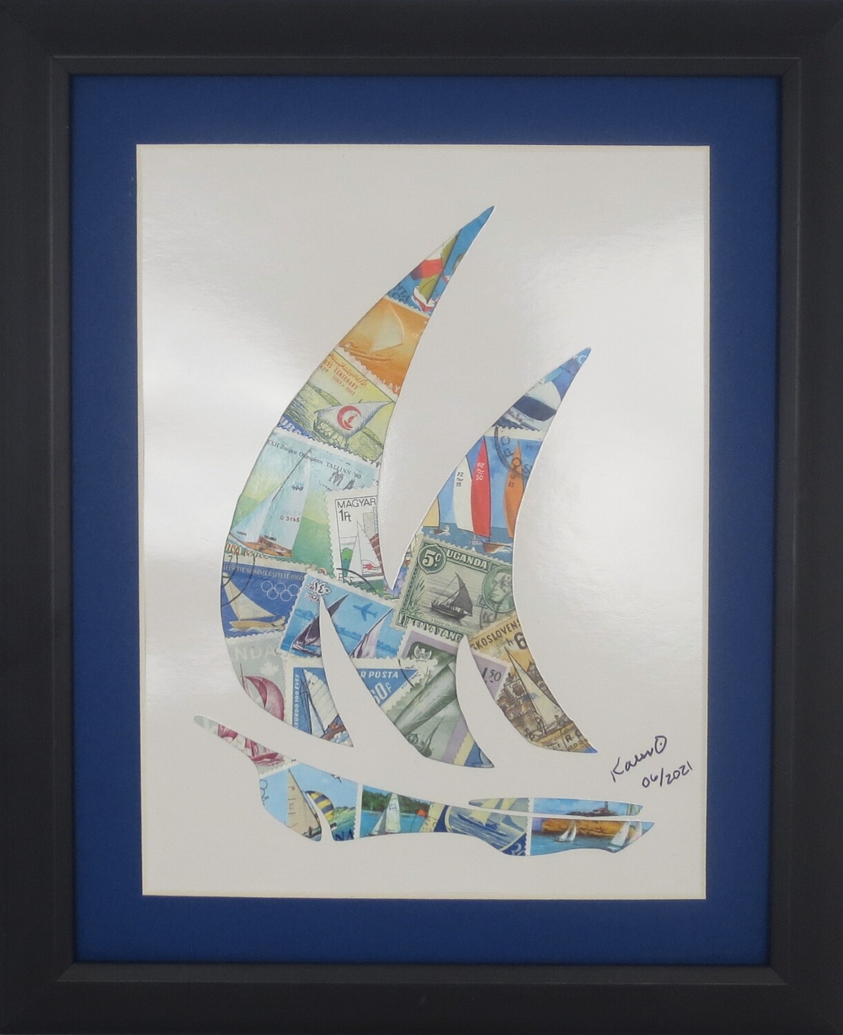 Vintage Postage Stamp Art - &quot;Sailboat&quot;