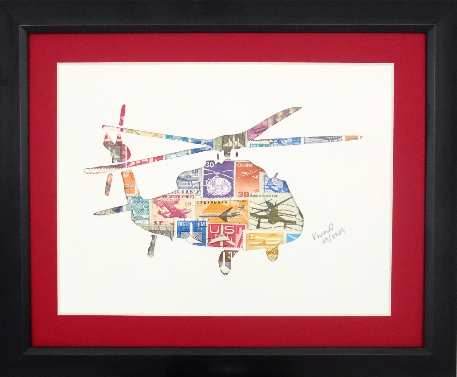 Vintage Postage Stamp Art - &quot;Helicopter&quot;