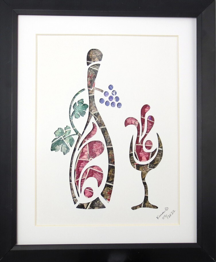 Vintage Postage Stamp Art - &quot;Wine Bottle &amp; Glass&quot;