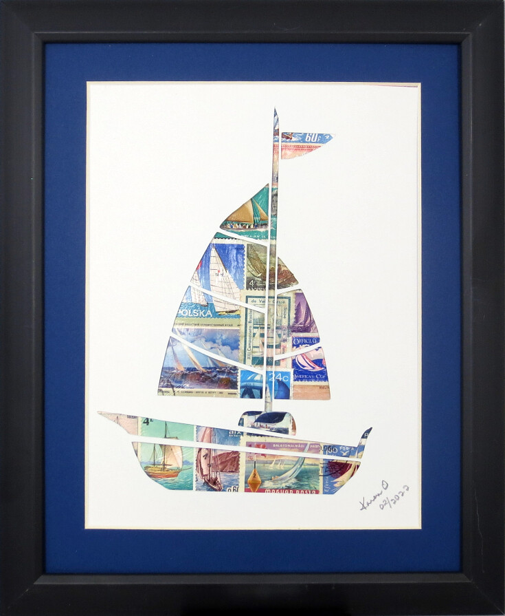 Vintage Postage Stamp Art - &quot;Sailboat&quot;