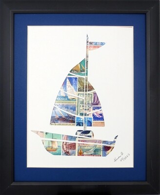 Vintage Postage Stamp Art - &quot;Sailboat&quot;