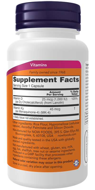 NOW  VITAMIN D-3 &amp; K-2, 1000 IU/45 MCG