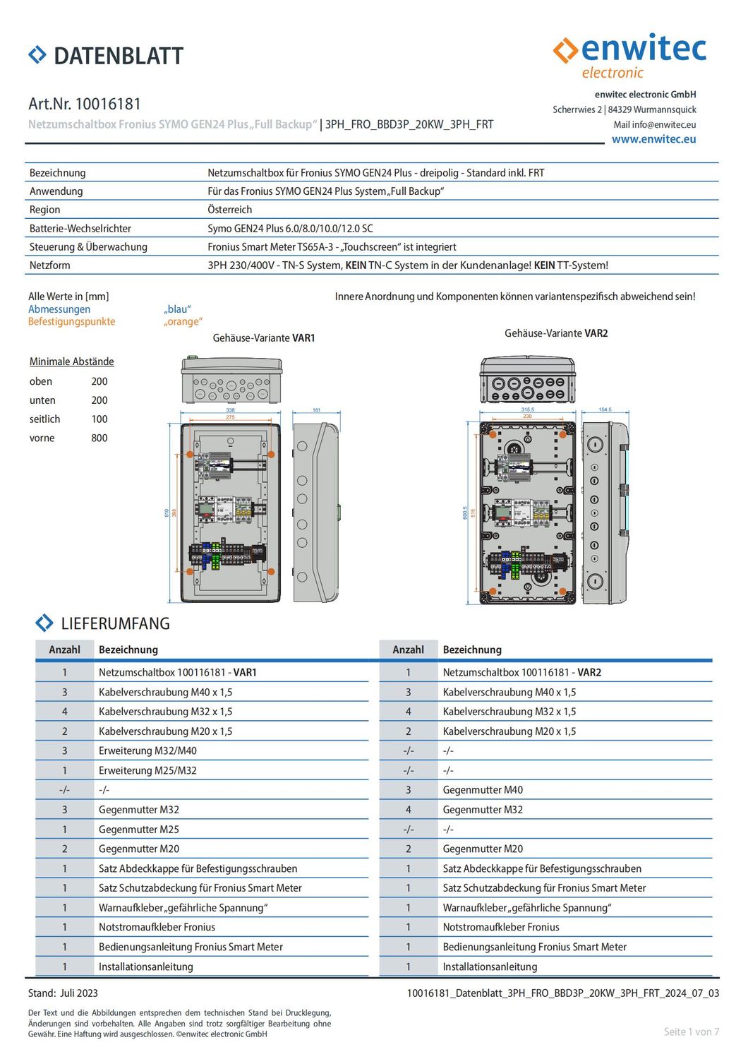 Enwitec Umschalteinrichtung inkl. Fronius Smartmeter mit FRT, AT (Fronius Symo Gen24)