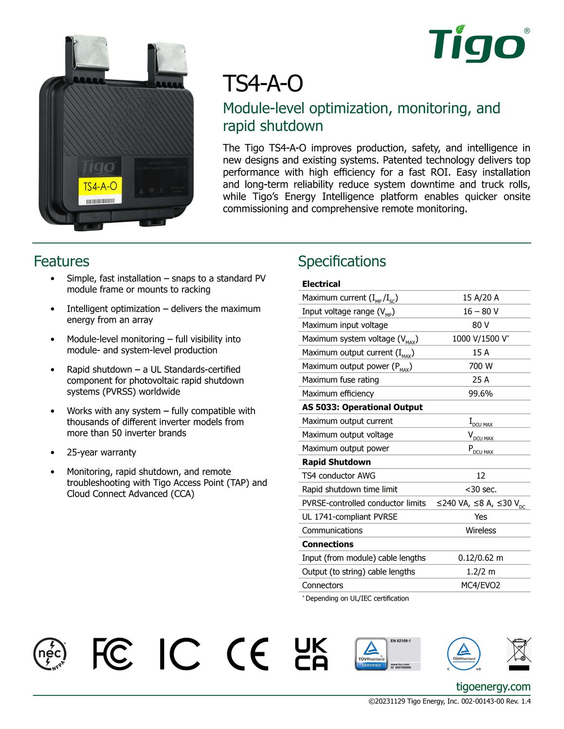 TIGO ENERGY TIGO-TS4-A-O 700W Leistungsoptimierer