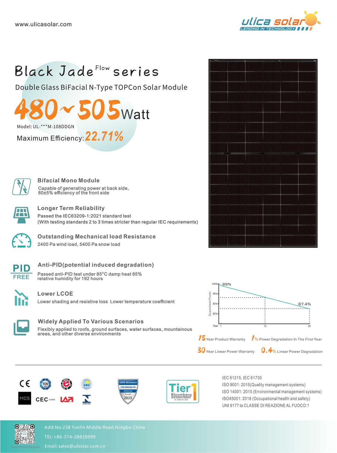 Ulica Solar UL-500M-120BDGN 500W Glas-Glas Bifazial Transparent Full black