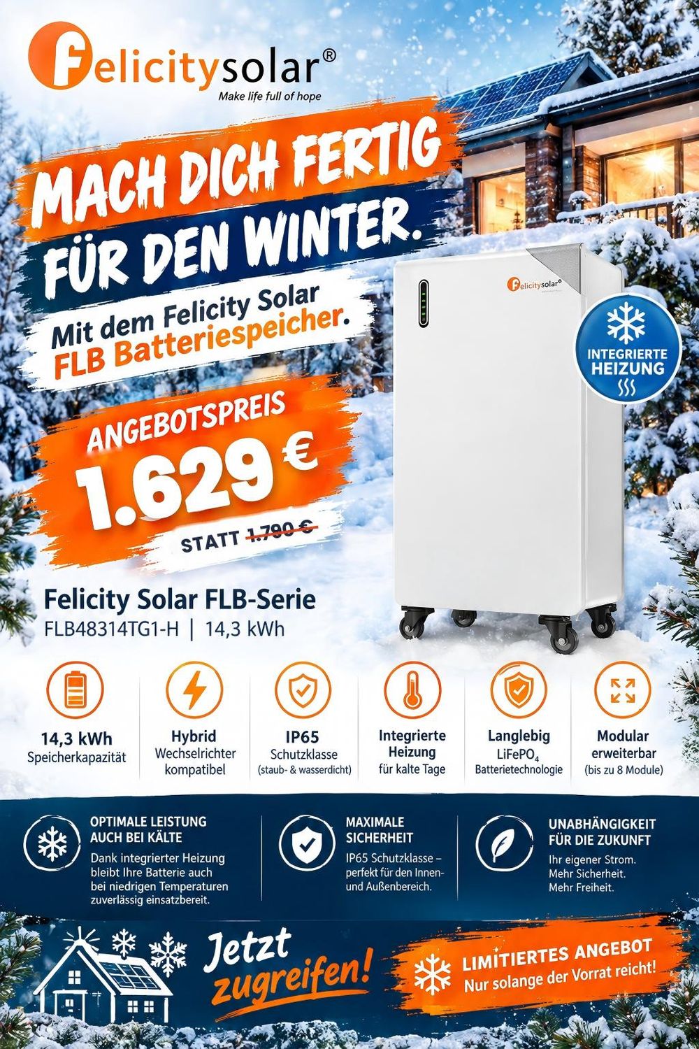 Felicity Solar Batteriespeicher FLB48314TG1-H mit Heizung 16 kWh 314Ah Felicity Solar Batteriespeicher FLB48314TG1-H mit Heizung 16 kWh 314Ah