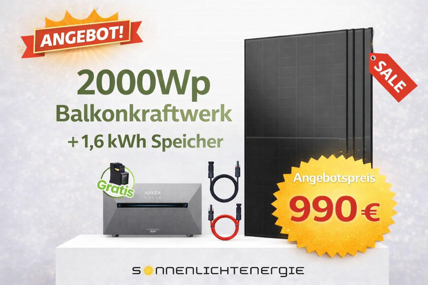 2000Wp Balkonkraftwerk mit Anker Batteriespeicher 1,6 kWh