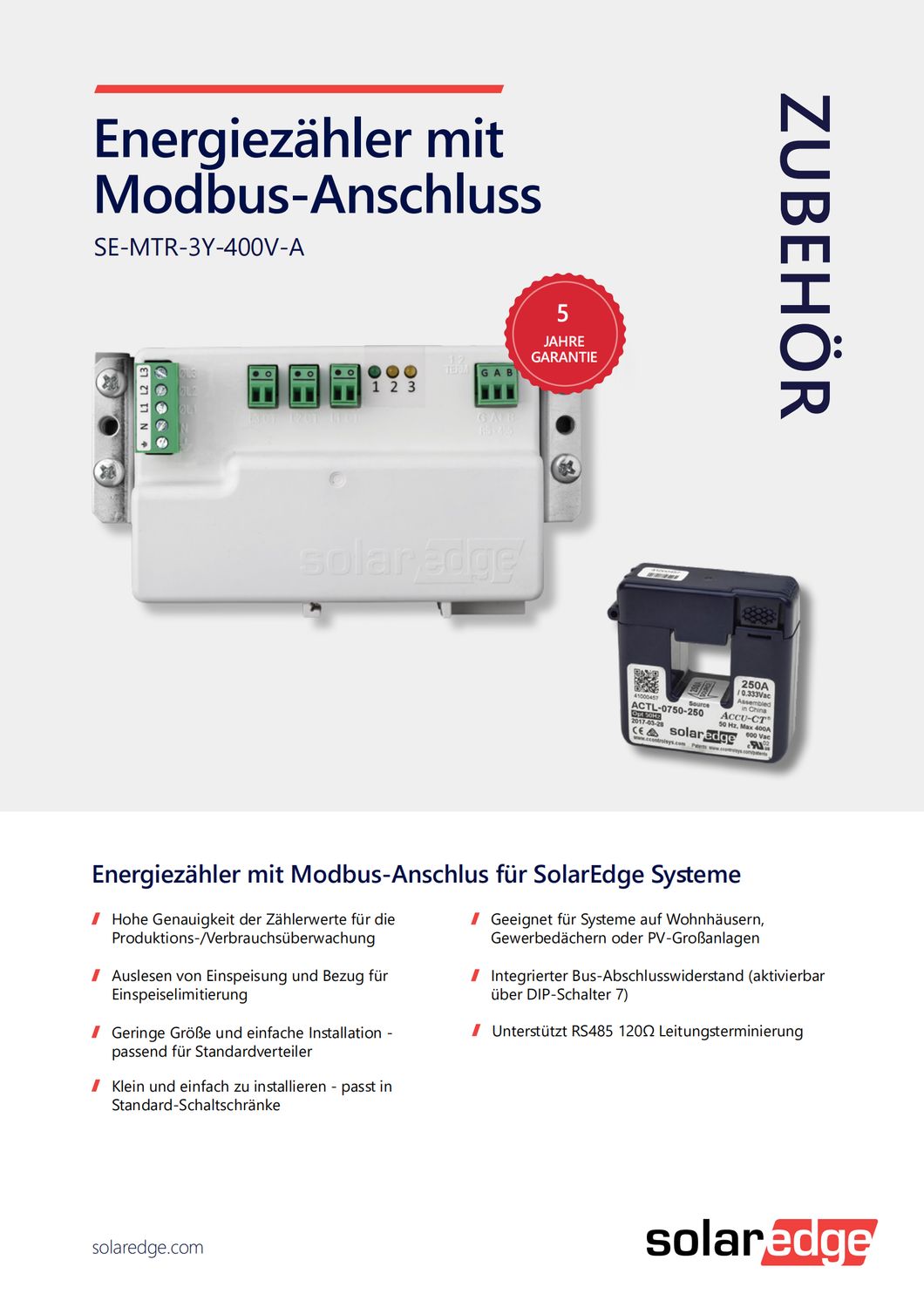 SolarEdge Energiezähler mit Modbus-Anschluss Strommesswandler SE-MTR-3Y-400V-A