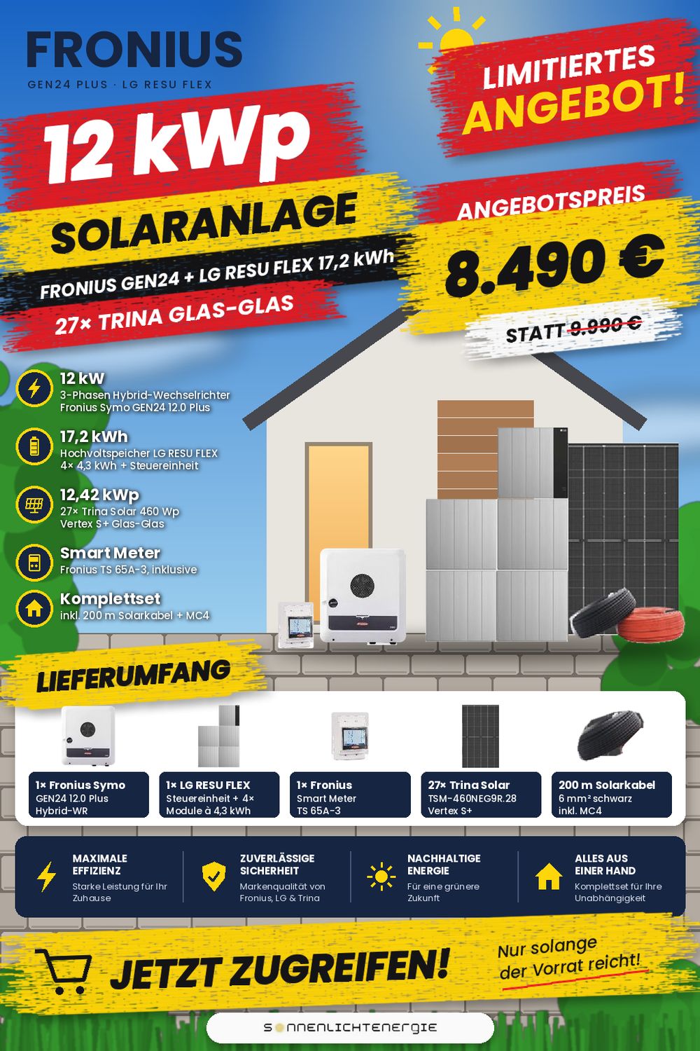 12 kWp Fronius Solaranlage GEN24 PLUS, LG RESU FLEX 17,2 kWh, Trina Glas-Glas
