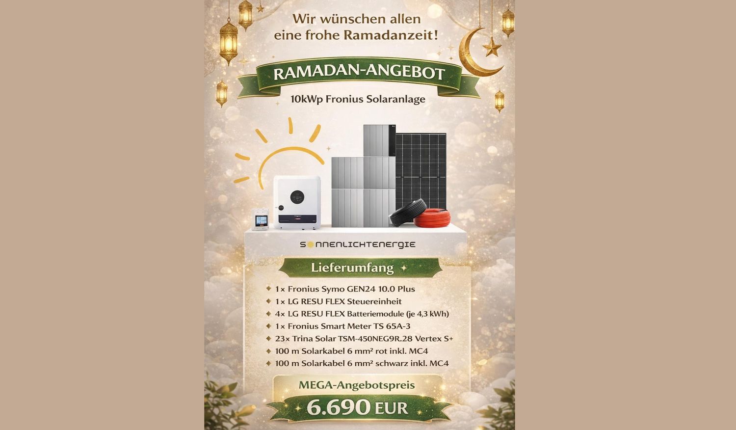 10 kWp Fronius Solaranlage GEN24 10.0 PLUS, LG RESU FLEX 17,2 kWh, Trina Glas-Glas 10 kWp Fronius Solaranlage GEN24 10.0 PLUS, LG RESU FLEX 17,2 kWh, Trina Glas-Glas