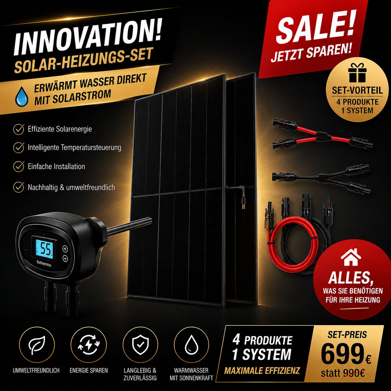 PV‑Heizung Set: Heizstab 550 W + 1,0 kWp Glas‑Glas Module