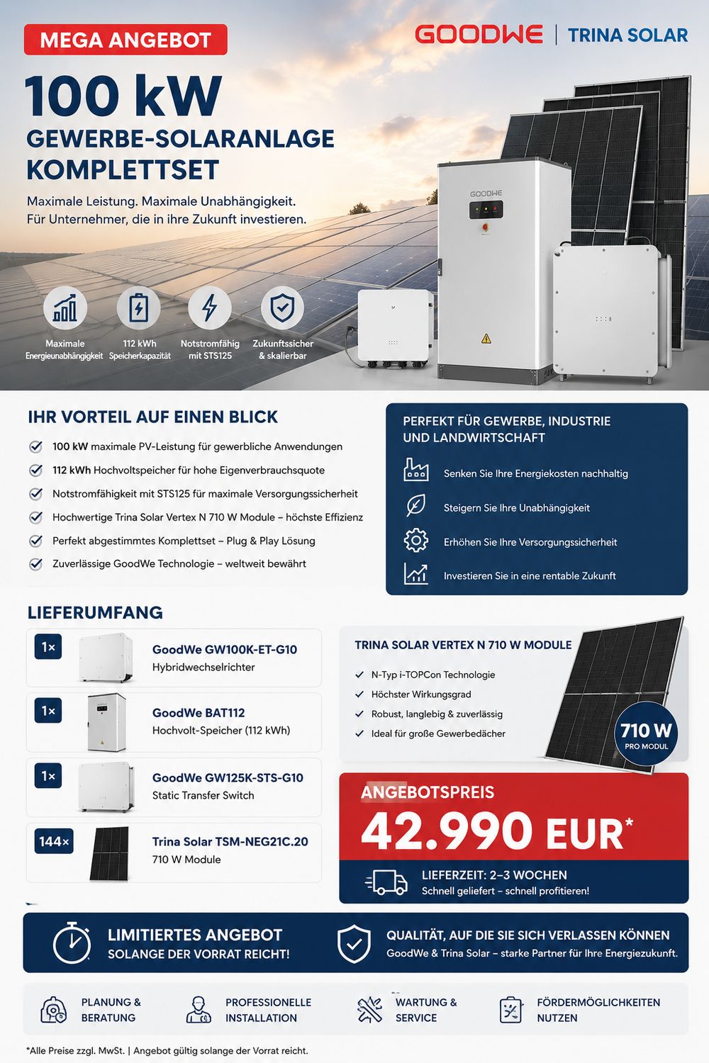 100 Kw Goodwe Gewerbe Solaranlage Set mit 112 kWh Speicher, Trina Solarmodule