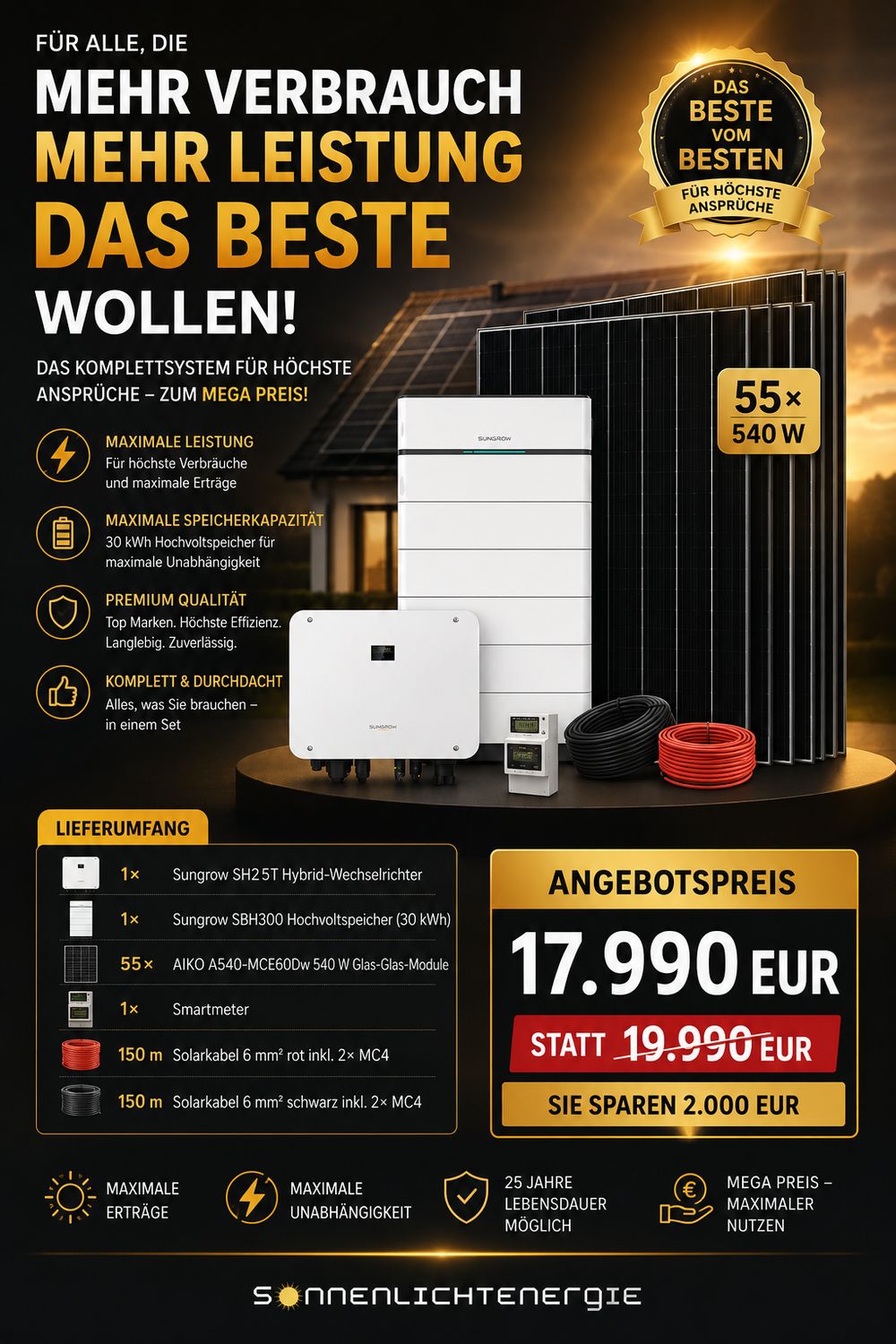 30 KW SUNGROW SET SH25T + SH300 30 kWh + AIKO A540-MCE60Dw 30 KW SUNGROW SET SH25T + SH300 30 kWh + AIKO A540-MCE60Dw