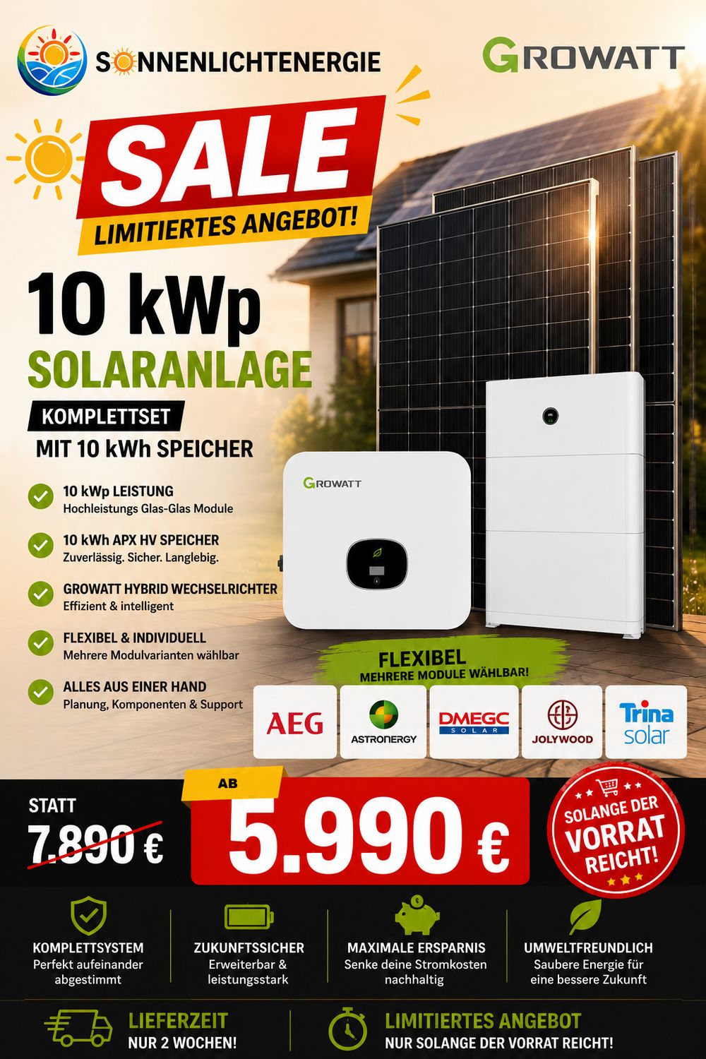 10kWp Growatt Solaranlage HV 10 kWh APX Speicher Glas-Glas Module 10kWp Growatt Solaranlage HV 10 kWh APX Speicher Glas-Glas Module