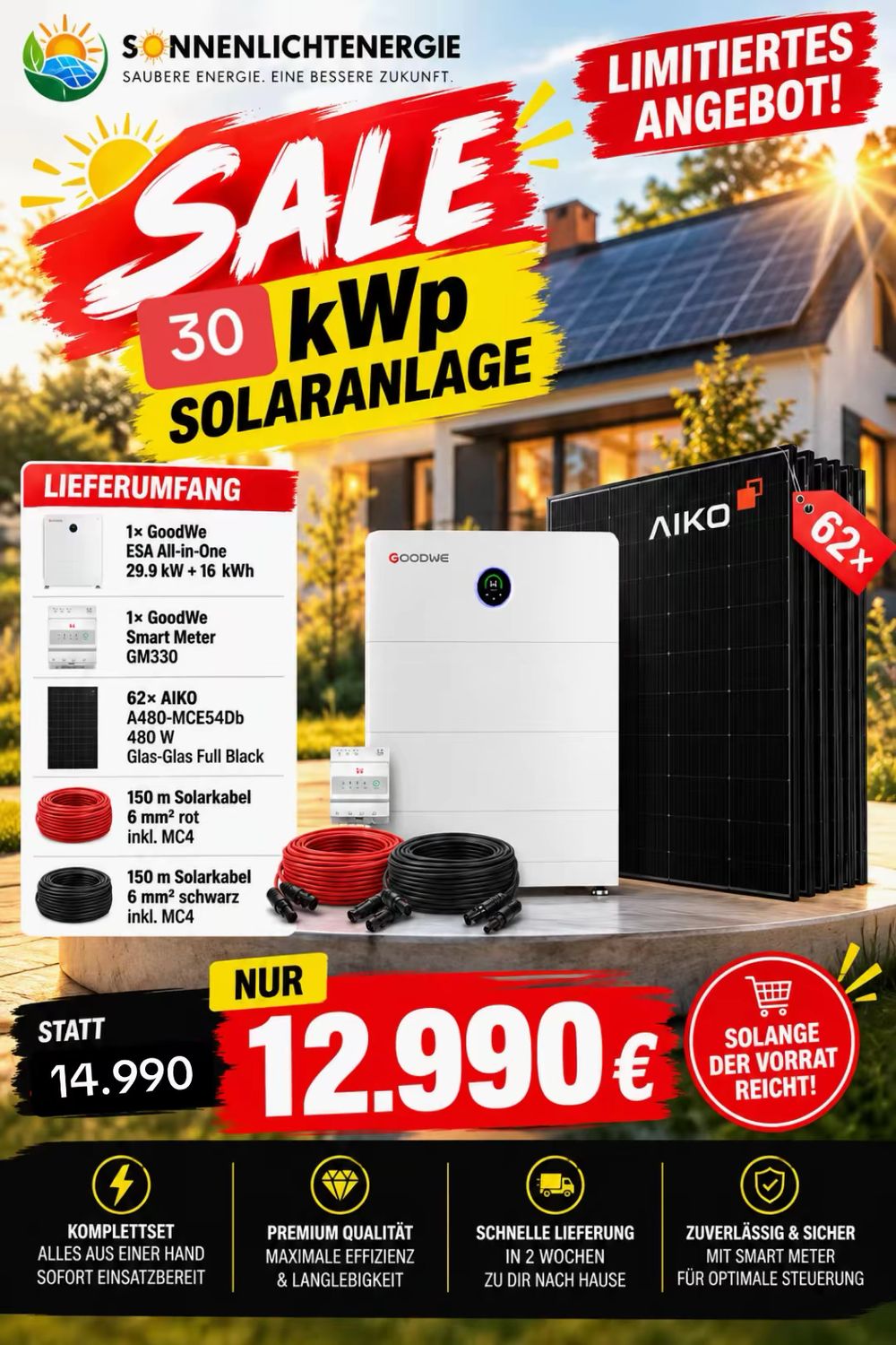 29,9 kW Goodwe ESA All-In-One Set 16 kWh AIKO 3S+ Glas-Glas