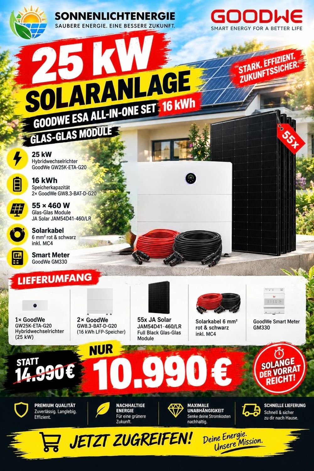 25 kW Goodwe Solaranlage ESA All-In-One Set 16 kWh Glas-Glas 25 kW Goodwe Solaranlage ESA All-In-One Set 16 kWh Glas-Glas
