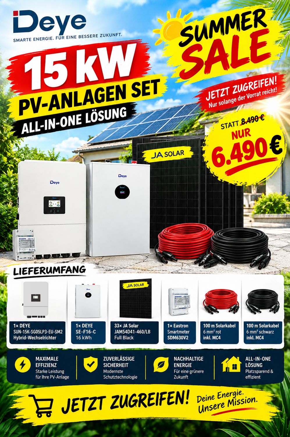 15 KW DEYE Solaranlage mit SUN-15K-SG05LP3-EU &amp; SE-F16-C 16 kWh &amp; Glas-Glas Module