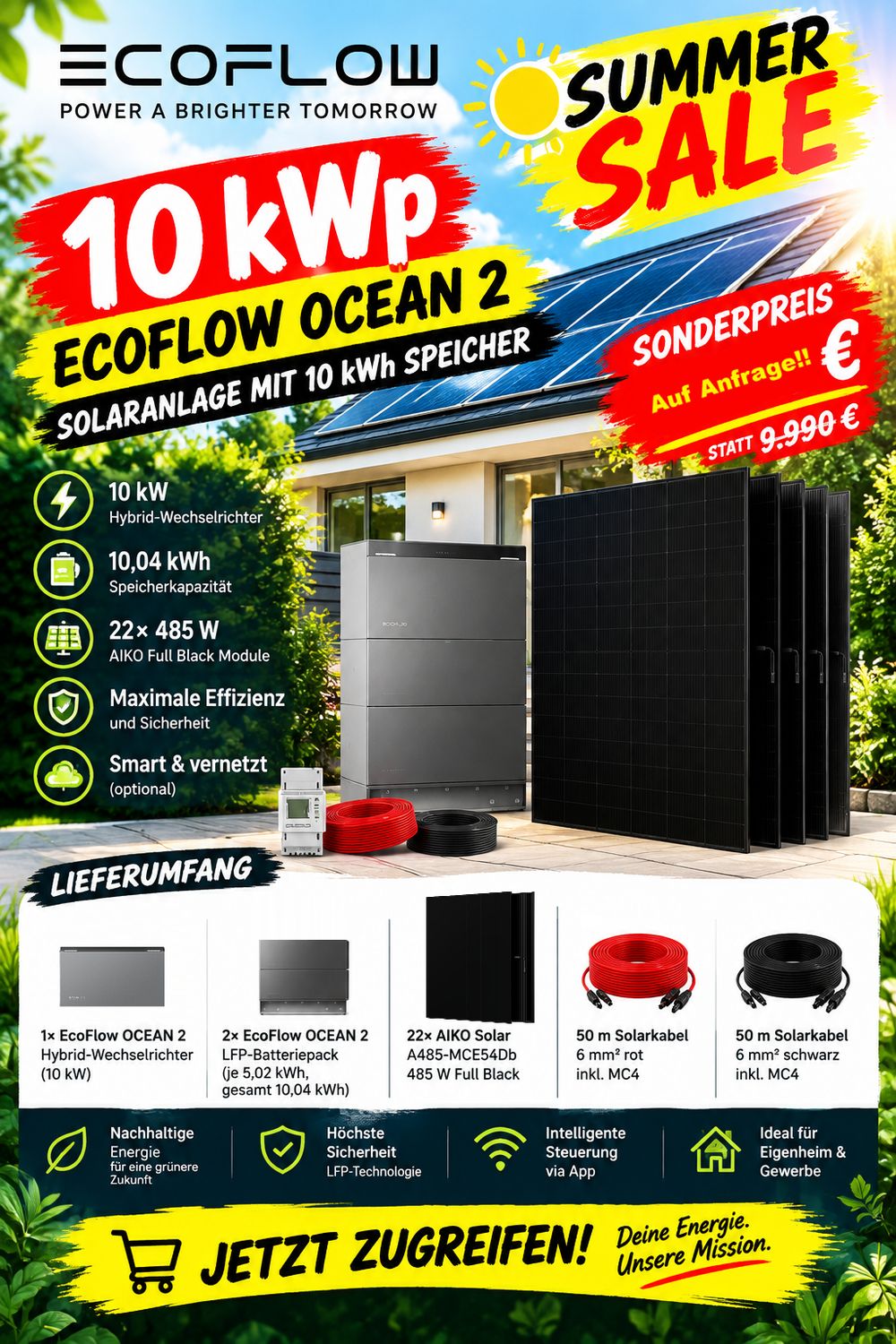 10kWp EcoFlow Ocean 2 Solaranlage mit 10 kWh Speicher &amp; AIKO 3S+