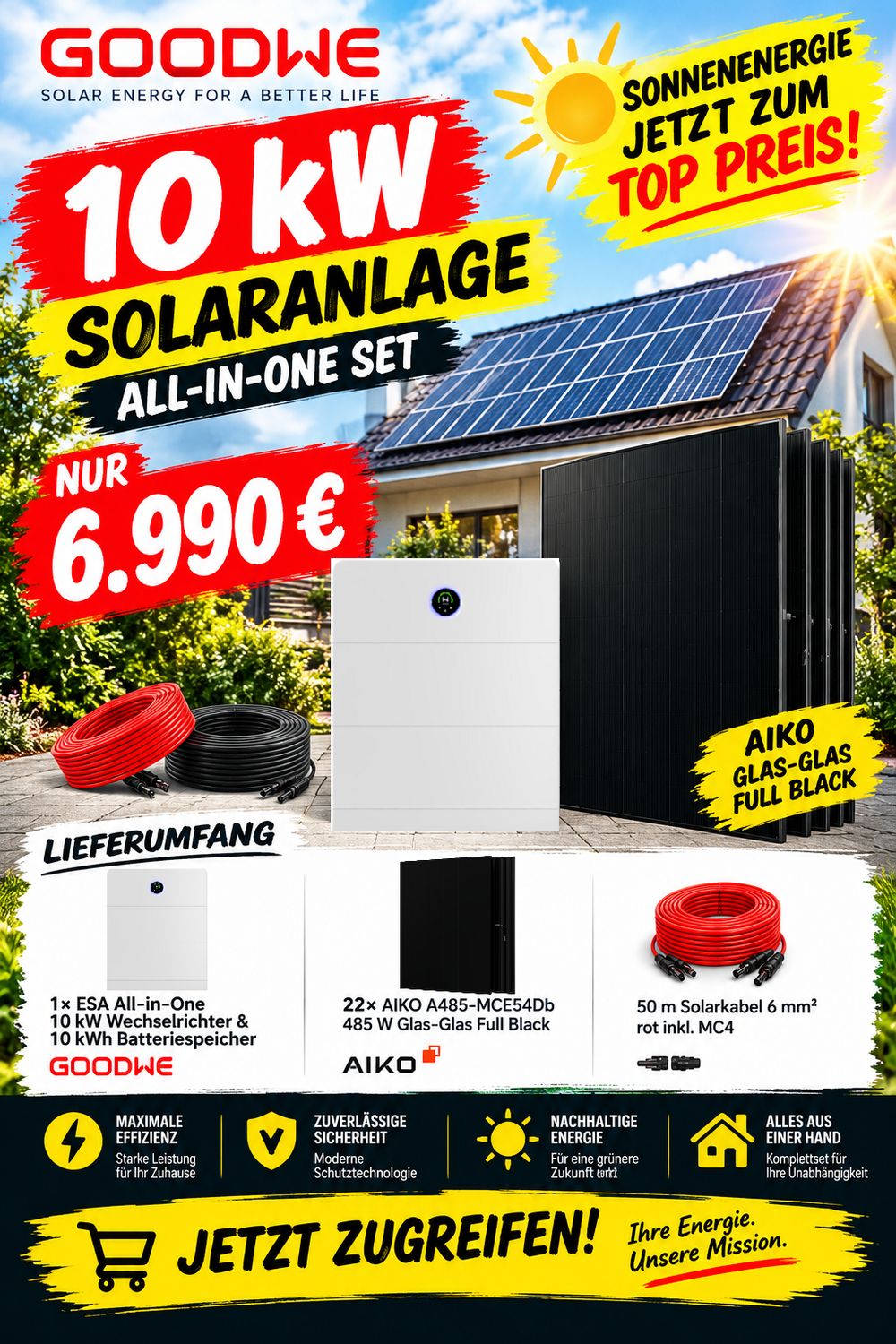 10kWp Goodwe Solaranlage ESA ALL-IN-ONE 10kW + 10 kWh Speicher AIKO Glas-Glas 3S+