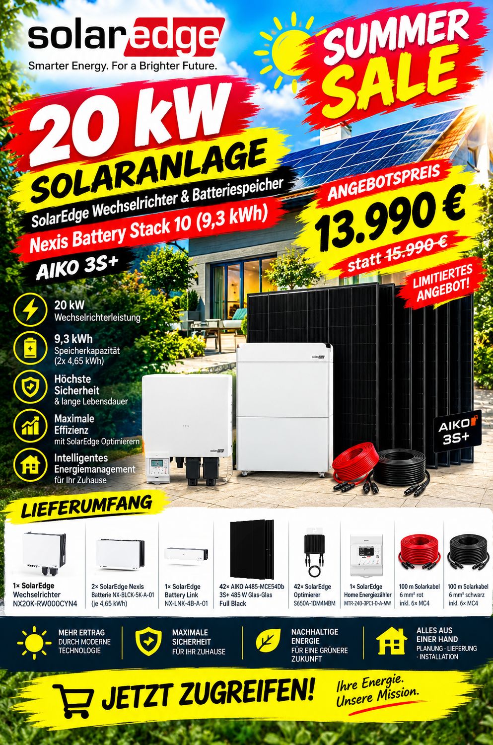 20 kW SolarEdge Solaranalge Wechselrichter NX20K-RW000CYN4 &amp; Batteriespeicher Nexis Battery Stack 10 9,3 kWh AIKO 3S+