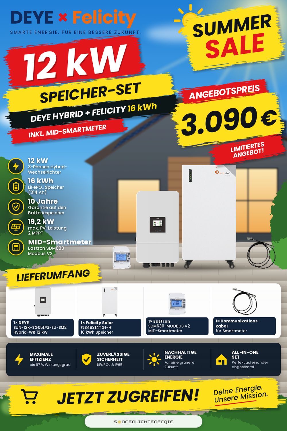 DEYE &amp; Felicity Solar Set: SUN-12K-SG05LP3-EU-SM2 12 kW,  FLB48314TG1-H  16 kWh &amp;  Eastron Smartmeter