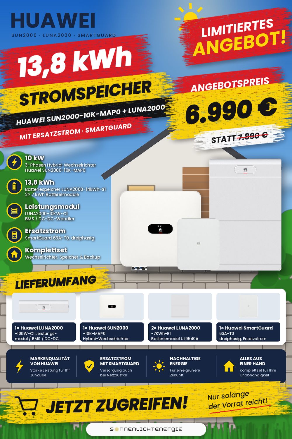Huawei SUN2000-10K-MAP0 + LUNA2000-14kWh-S1 13,8 kWh mit Ersatzstrom SmartGuard
