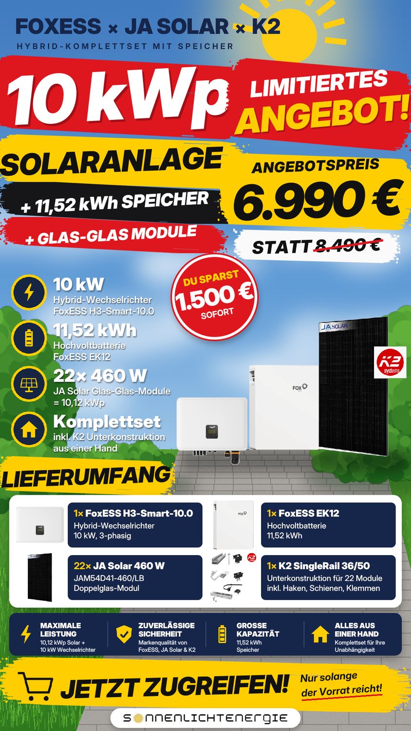 10 kWp FoxESS Solaranlage mit EK12 11,5 kWh Speicher &amp; Glas-Glas