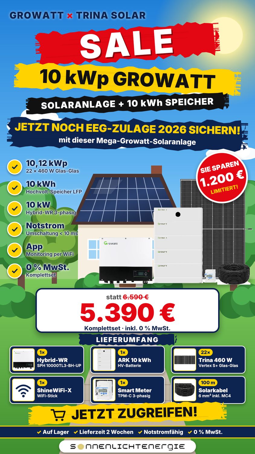 10kWp Growatt Solaranlage SPH10000TL3 BH-UP 10 kWh ARK HV-Speicher Glas-Glas Module