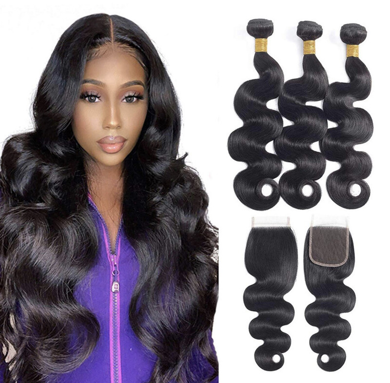 Brazilian Body Wave Human Hair Bundles with Free Part Closure 100% Unprocessed  Natural Color.