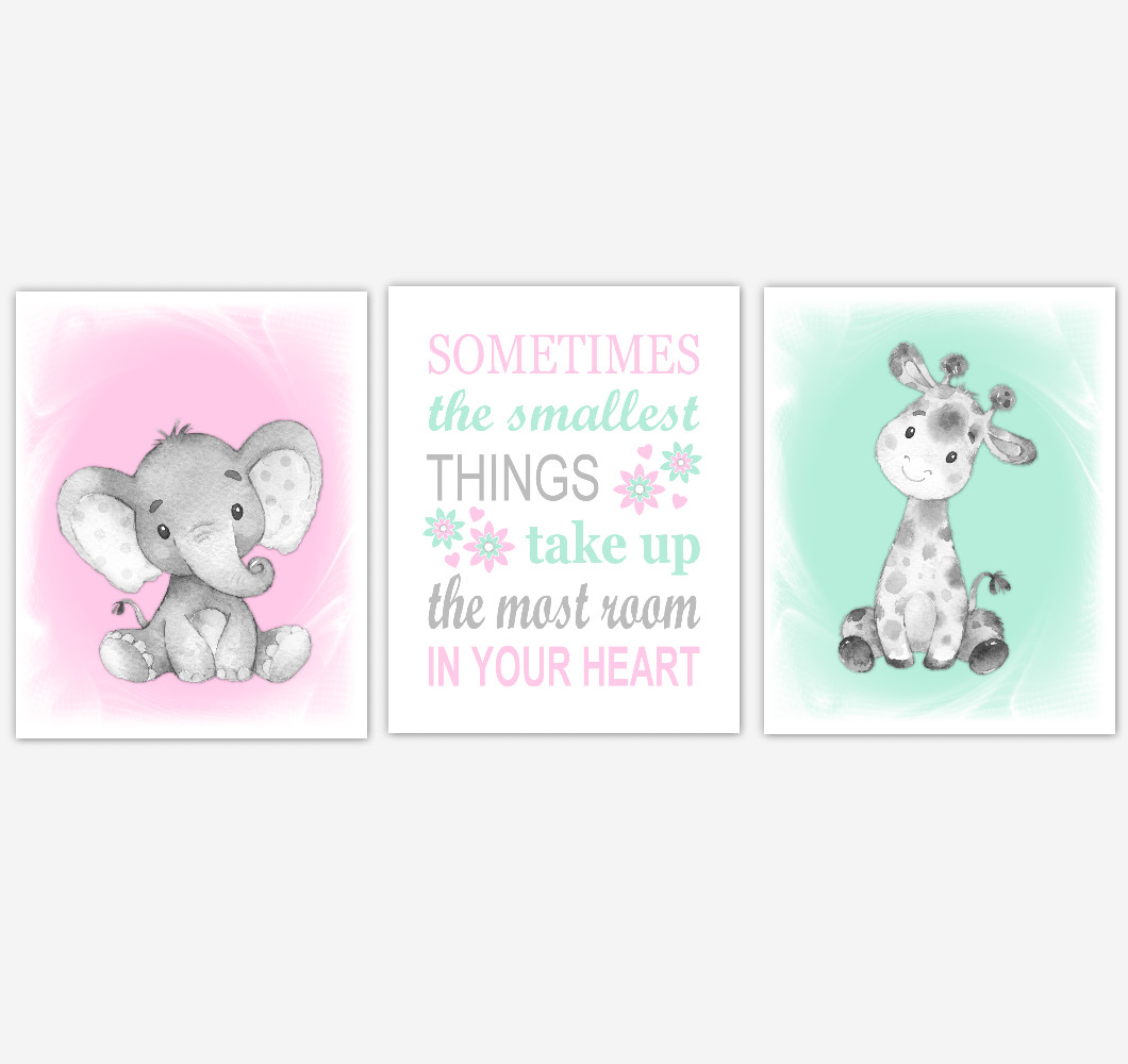 Safari Animals Baby Girl Nursery Decor Pink Mint Green Wall Art Prints Elephant Giraffe Home Decor Kids Bedroom Set of 3 UNFRAMED PRINTS or CANVAS