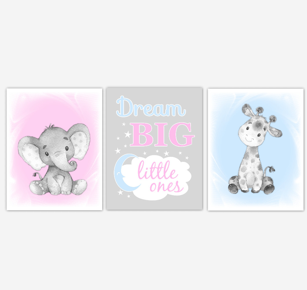 Safari Animals Twins Baby Nursery Decor Pink Blue Wall Art Prints Elephant Giraffe Home Decor Kids Bedroom Pictures Set of 3 UNFRAMED PRINTS or CANVAS