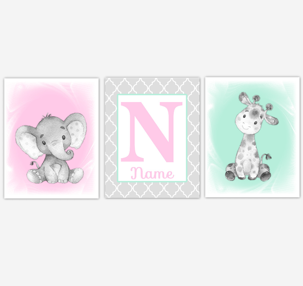 Safari Animals Pink Mint Baby Girl Nursery Wall Art Elephant Giraffe Pink Girl Nursery Pictures Personalized Baby Wall Decor Baby Nursery Decor SET OF 3 UNFRAMED PRINTS or CANVAS