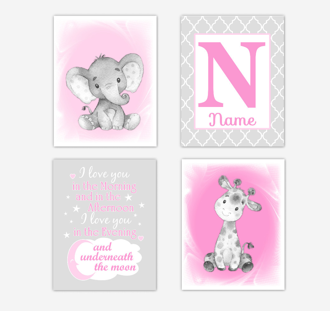 Safari Animals Pink Baby Girl Nursery Decor Wall Art Prints Elephant Giraffe Personalized Pictures New Baby Girl SET OF 4 UNFRAMED PRINTS or CANVAS