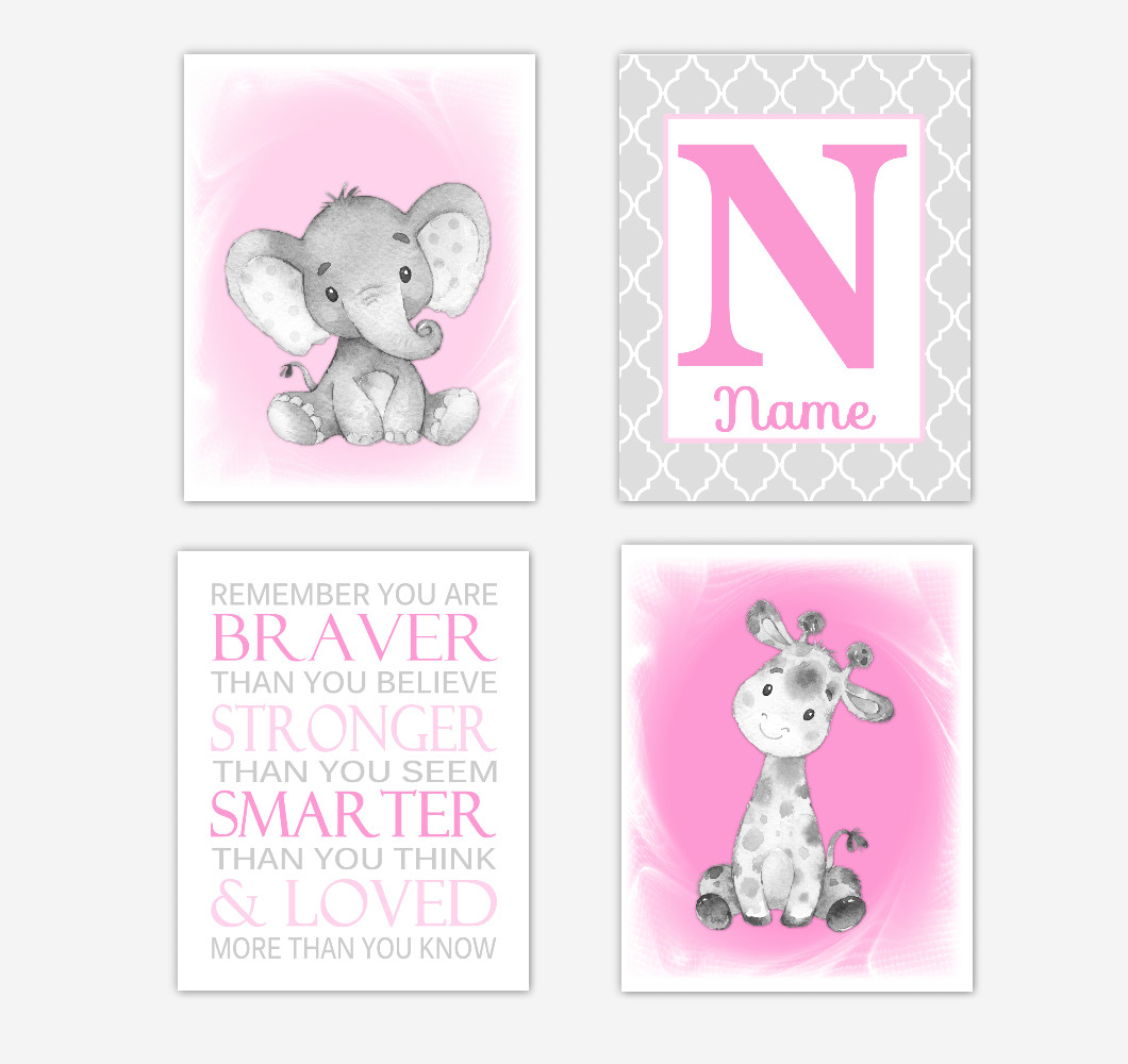 Safari Animals Pink Baby Girl Nursery Decor Wall Art Prints Elephant Giraffe Personalized Pictures New Baby Girl SET OF 4 UNFRAMED PRINTS or CANVAS