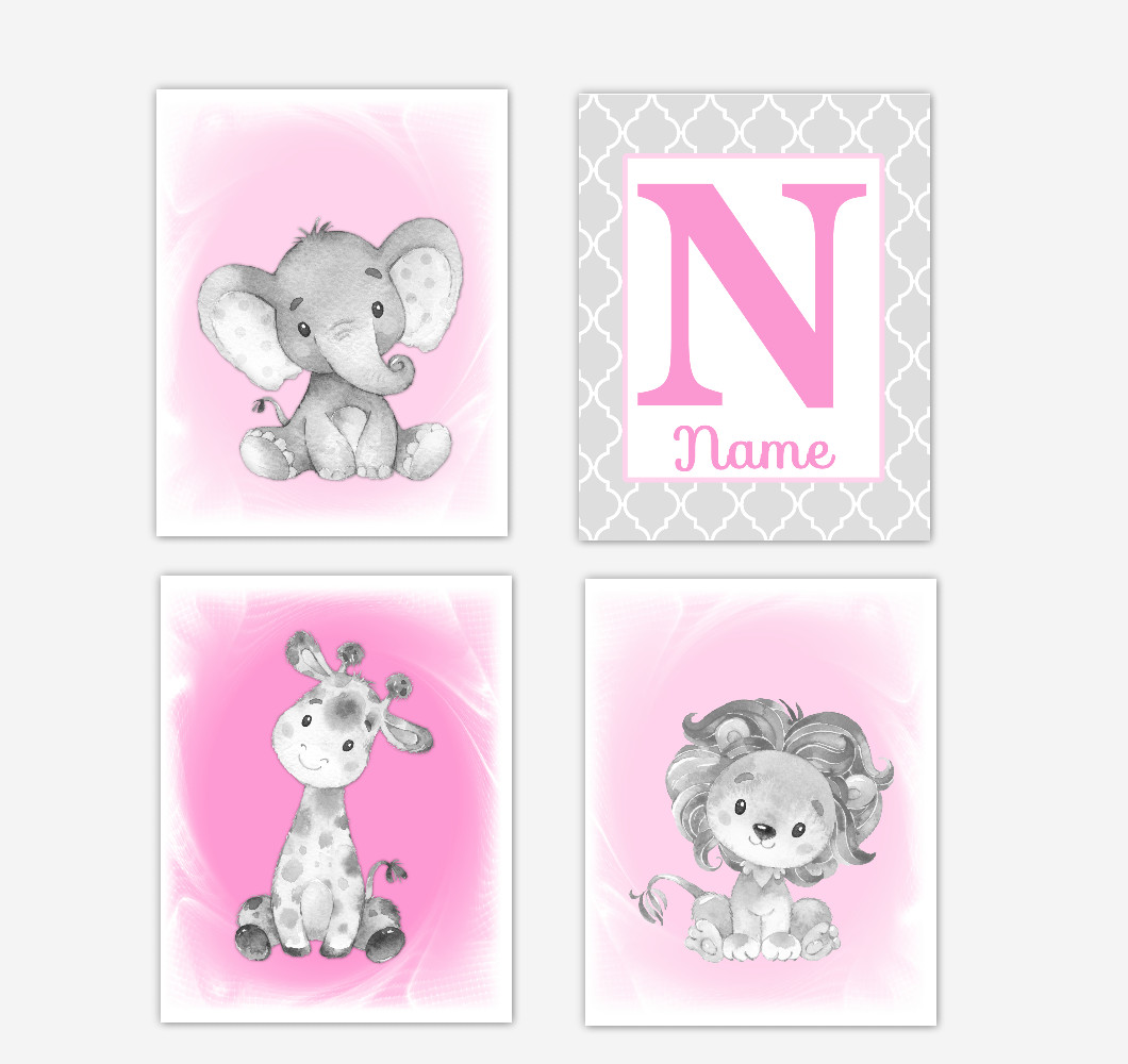 Safari Animals Pink Baby Girl Nursery Decor Wall Art Prints Elephant Giraffe Lion Personalized Pictures New Baby Girl SET OF 4 UNFRAMED PRINTS or CANVAS