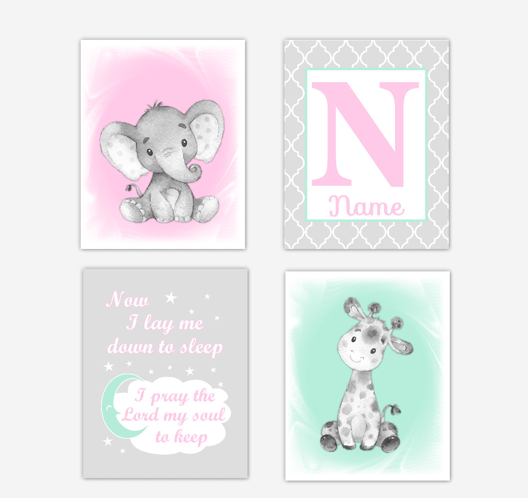 Safari Animals Pink Mint Green Baby Girl Nursery Decor Wall Art Prints Elephant Giraffe Personalized Pictures New Baby Girl SET OF 4 UNFRAMED PRINTS or CANVAS